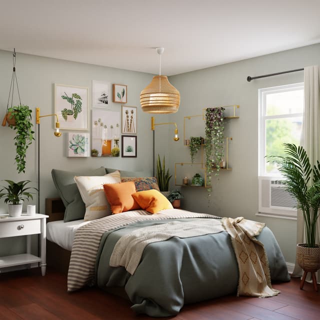 The image you described is a close-up of a bedroom interior.  In the center of the image is a light colored wooden bed frame. The bed appears to have white bedding and a dark blanket with a patterned design. To the left of the bed frame is a small nightstand. The nightstand  has a smooth surface and one drawer.  In the background, to the right of the bed frame, part of a window is visible. Light is coming through the window, but what’s outside the window isn’t  clear from this image.